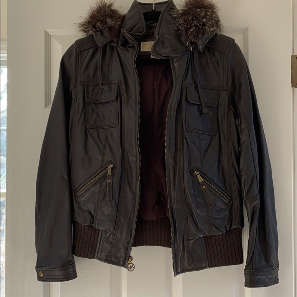 Michael Kors Brown Leather Bomber